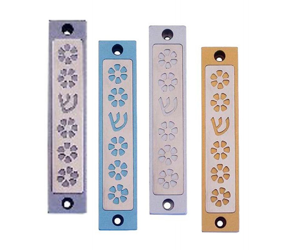 Agayof Mezuzah Case, Five Flowers and Shin in Light Colors - 4 Inches Height