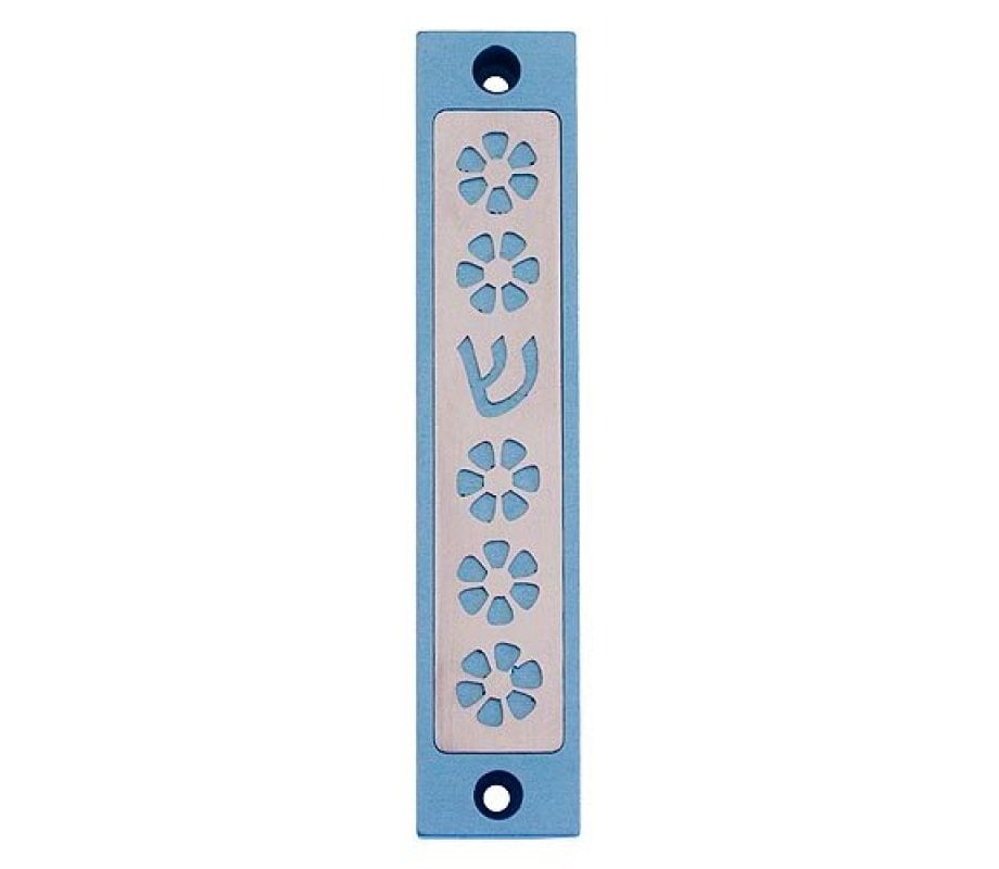 Agayof Mezuzah Case, Five Flowers and Shin in Light Colors - 4 Inches Height