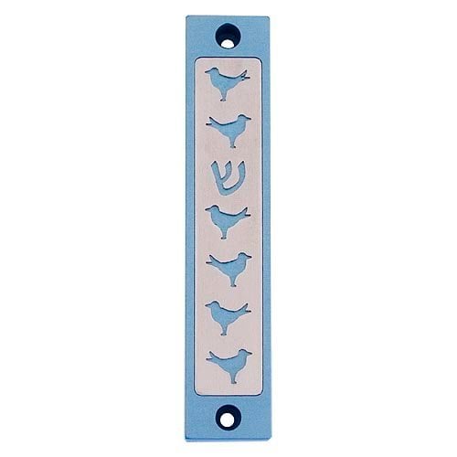 Agayof Mezuzah Case, Six Doves and Shin in Light Colors - 4 Inches Height