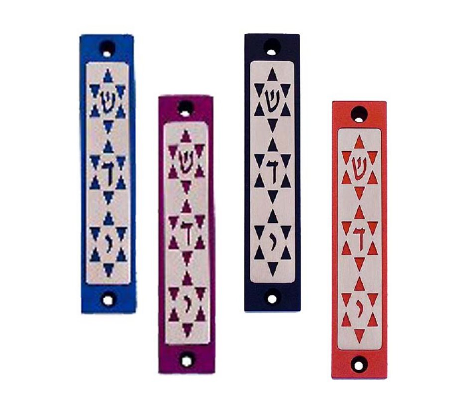 Agayof Mezuzah Case, Three Stars of David in Dark Colors – 4 Inches Height