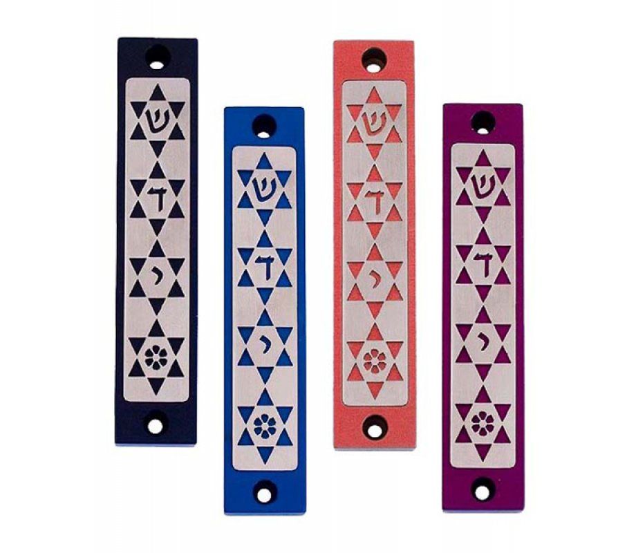 Agayof Mezuzah Case with Four Stars of David, in Dark Colors – 4 Inches Height