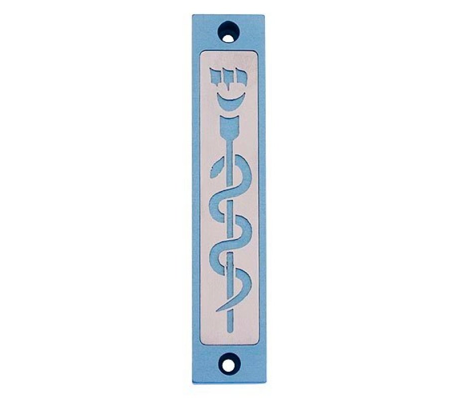 Agayof Mezuzah Case with Healing Snake Image in Light Colors - 4 Inches Height