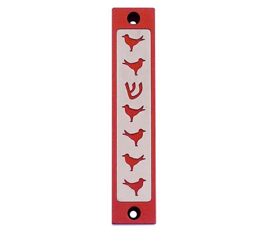 Agayof Mezuzah case, Six Doves and Shin in Dark Colors - 4 Inches Height