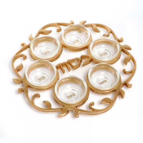Aluminum Gold Plated Passover Seder Plate with Glass Bowls