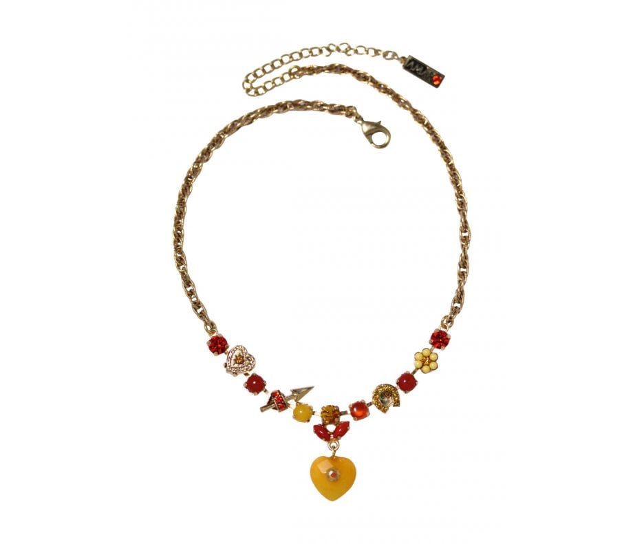 Amaro Hand Made Necklace Semi Precious Gems, Plated Gold - Heart Pendant