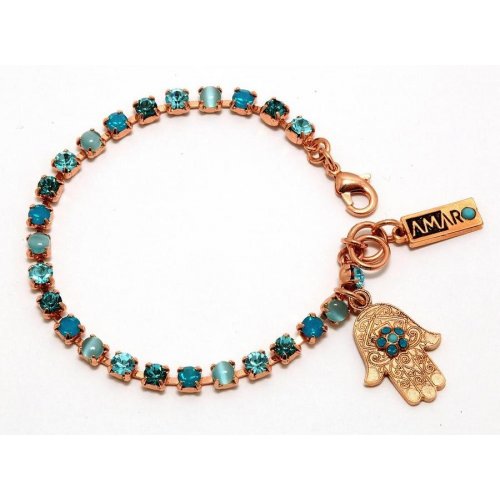 Amaro Handcrafted Bracelet  Small Blue Square Stones with Blue Palm Hamsa