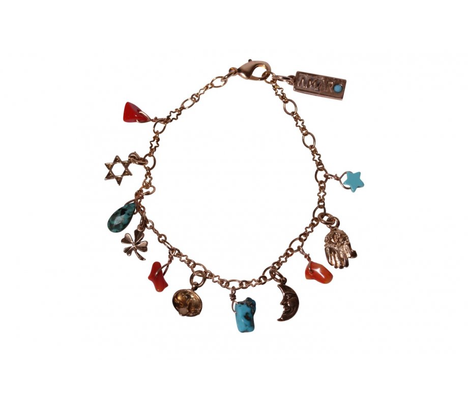 Amaro, Handcrafted Rose Gold Plated Charm Bracelet - Colorful Jewish Charms