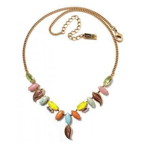 Amaro, Handmade Gold Necklace with Colorful Leaf Shapes - Semi Precious Stones
