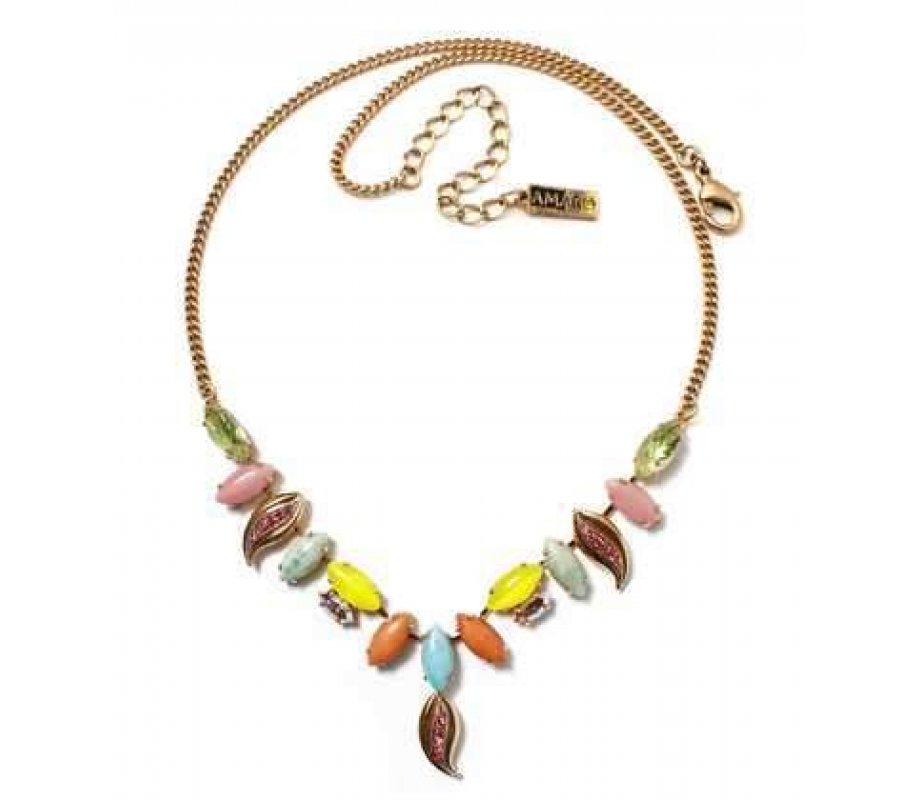 Amaro, Handmade Gold Necklace with Colorful Leaf Shapes - Semi Precious Stones