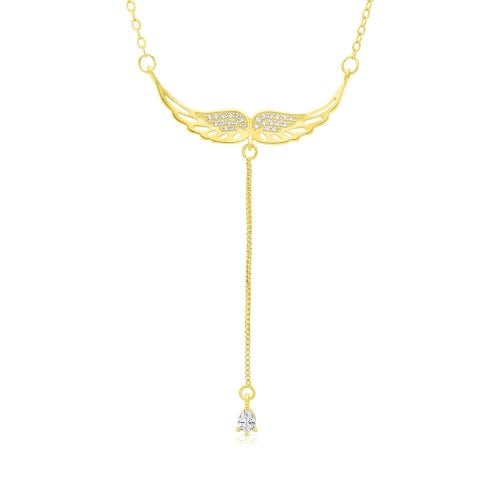 Angels Wings Lariat Pendant Necklace with Zircons, Yellow Gold or Rose Gold