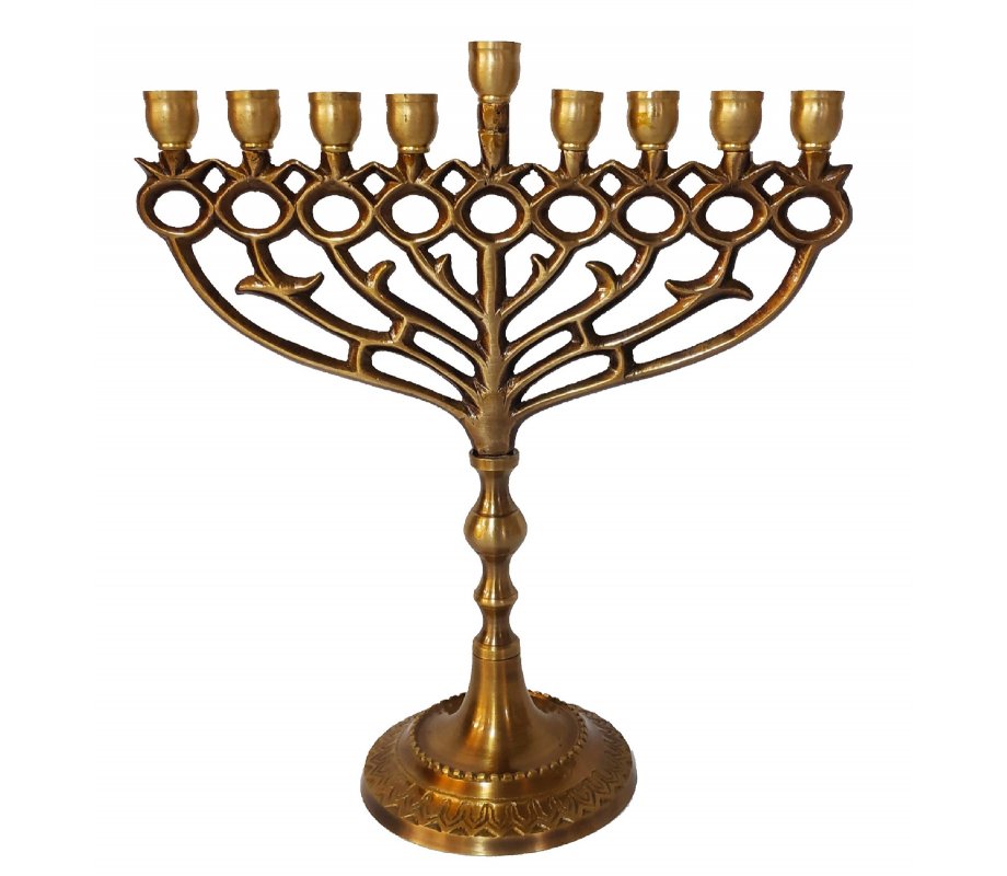 Antique Gold Chanukah Menorah with Pomegranates, For Candles - 12 Inches