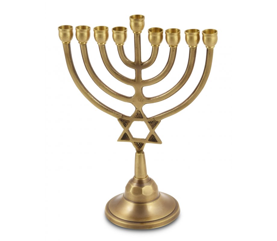 Antique Gold Classic Chanukah Menorah with Star of David, For Candles - 9 Inches