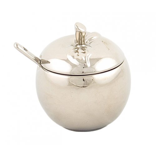 Apple Shape Rosh Hashanah Honey Dish with Spoon and Cover, Ceramic - Pearl