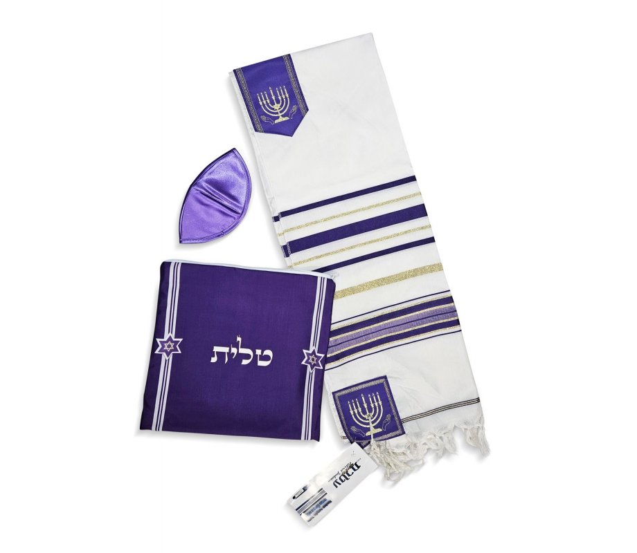 Ateret Acrylic Tallit Set, Menorah Motif and Bible Words  Purple and Gold Stripes