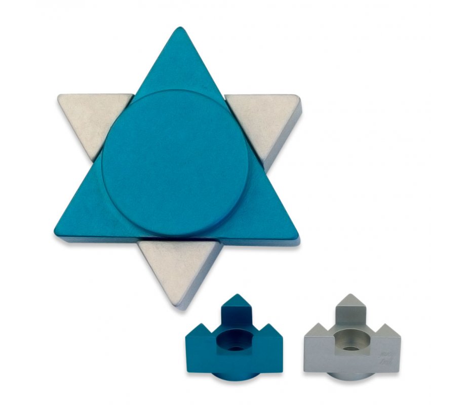 Avner Agayof Anodized Aluminum Travel Shabbat Candlesticks, Star Of David - Teal