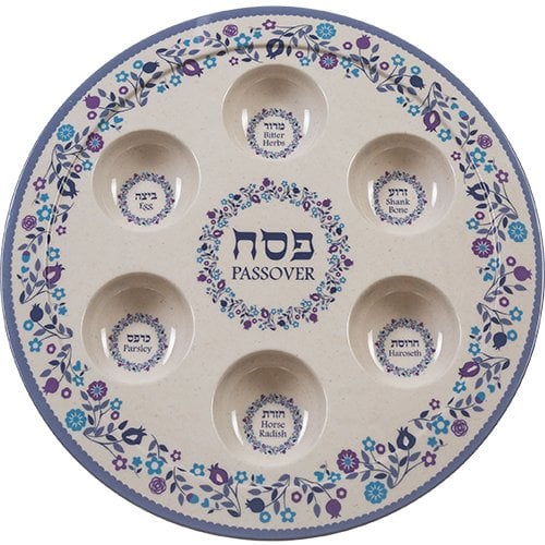 Bamboo Fiber Seder Plate - Blue and Off White with Flower Design