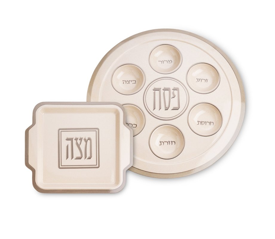 Bamboo Passover Seder Plate and Matzah Tray Set - White and Silver Colors