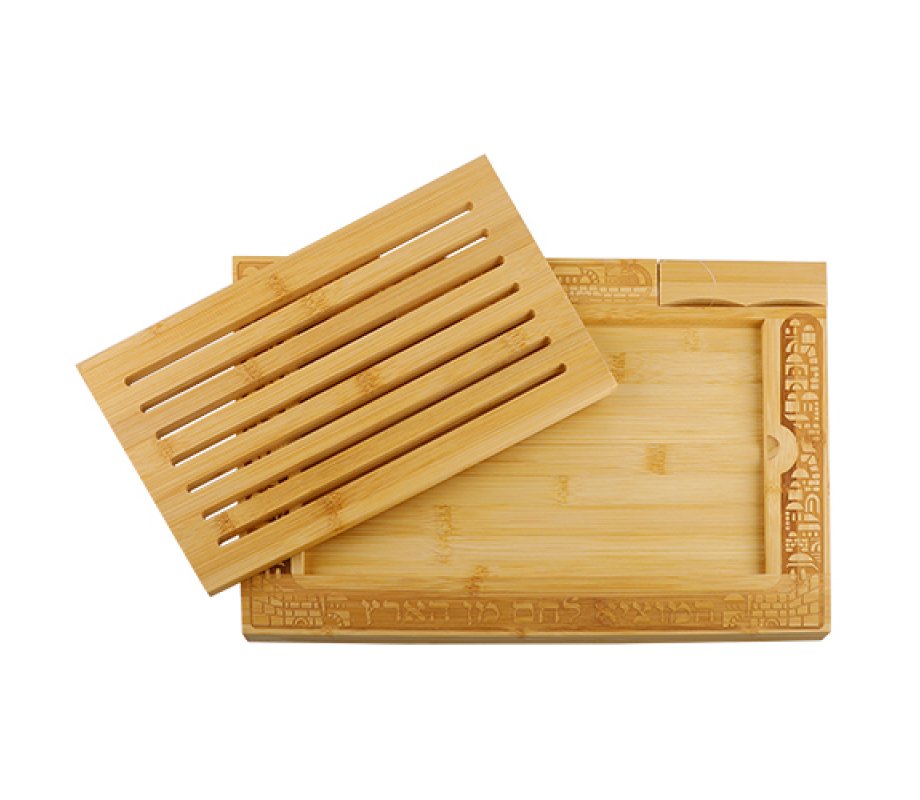 Bamboo Wood Challah Board with Crumb Catcher, Jerusalem Design - Includes Knife