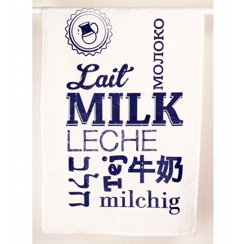 Barbara Shaw Blue Linen Dish Towel - “Milk” in various languages