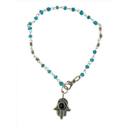 Beaded Kabbalah Bracelet with Decorative Hamsa Charm - Light Blue