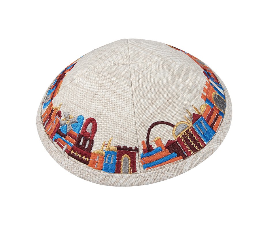 Beige Fabric Kippah with Embroidered Colorful Jerusalem Design - Hidden Clip