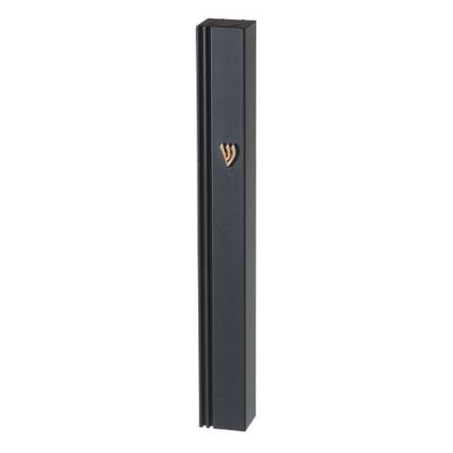 Black Aluminum Mezuzah Case with Side Channel, Gold Shin - Choice of Sizes