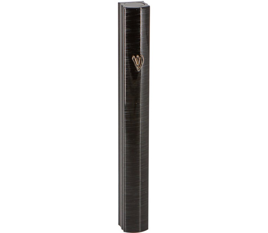 Black Aluminum Mezuzah Case with gray pinstripes - Silver Shin Letter