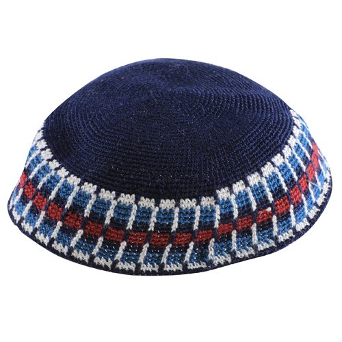 Black DMC Knitted Kippah with Blue and Red Border Stripe