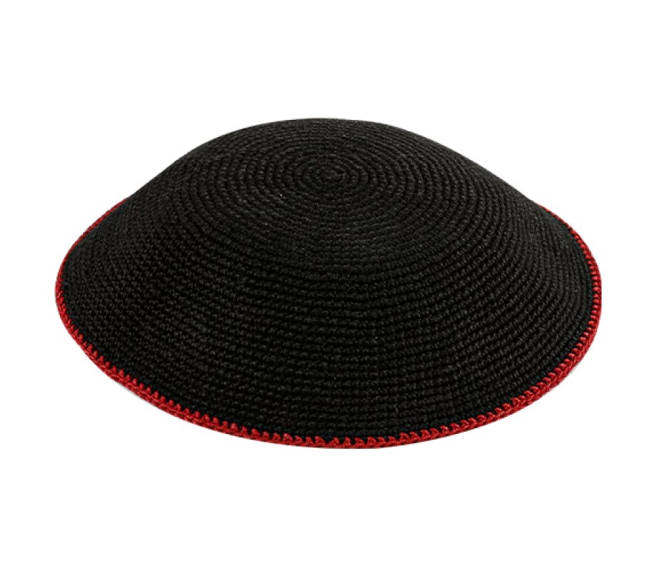 Black DMC Knitted Kippah with Dark Red Border