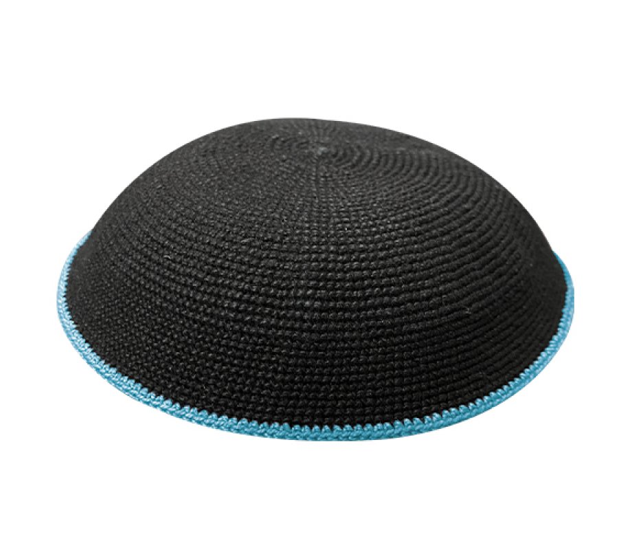 Black DMC Knitted Kippah with Light Blue Border