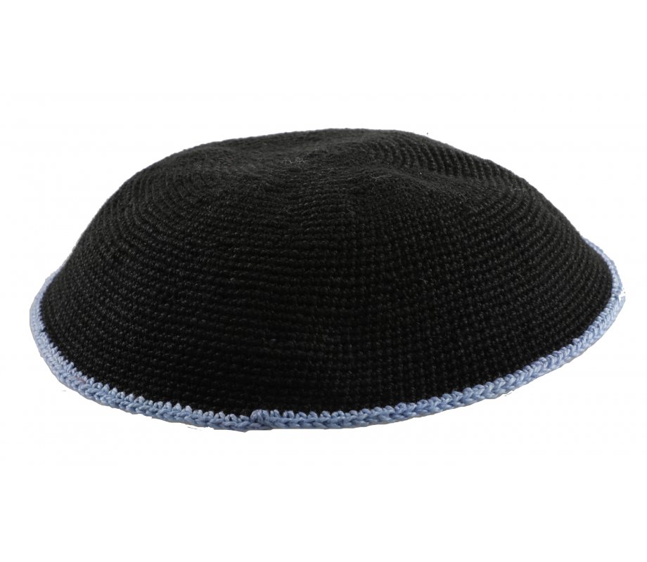 Black DMC Knitted Kippah with Thin Blue Border Stripe