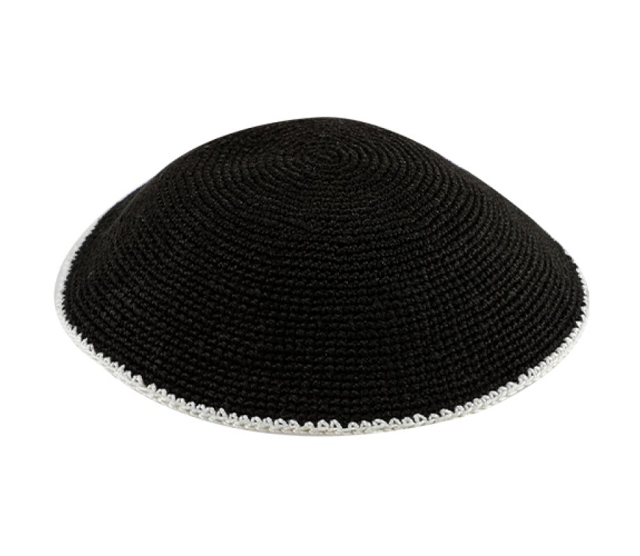 Black DMC Knitted Kippah with Thin Ivory Border Stripe - Choice of Sizes