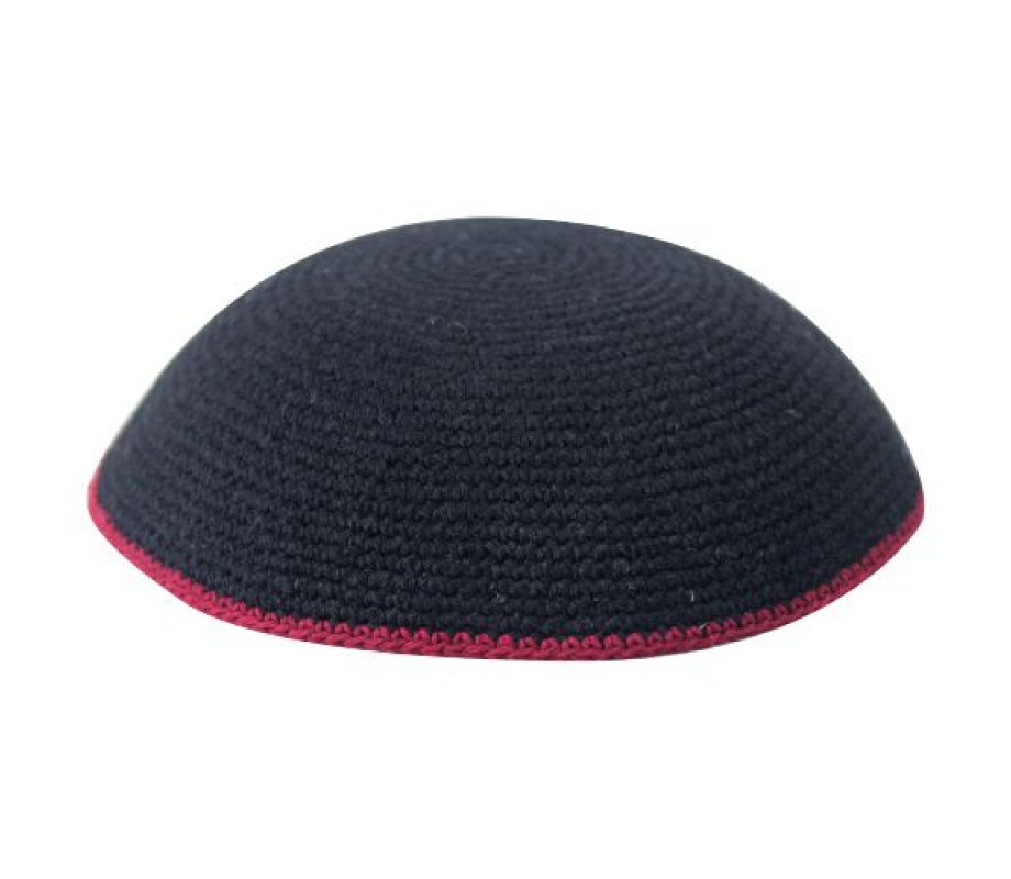 Black DMC Knitted Kippah with Thin Red Border Stripe