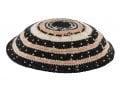 Black DMC Knitted Kippah with white and Beige circles and Dots Design