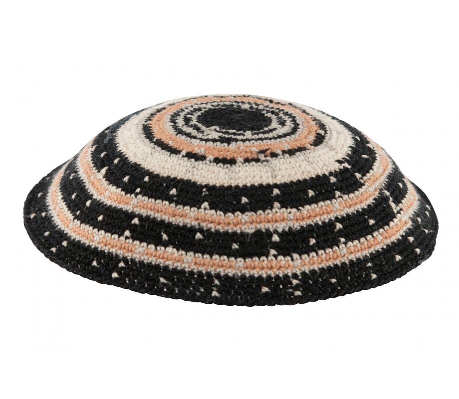 Black DMC Knitted Kippah with white and Beige circles and Dots Design