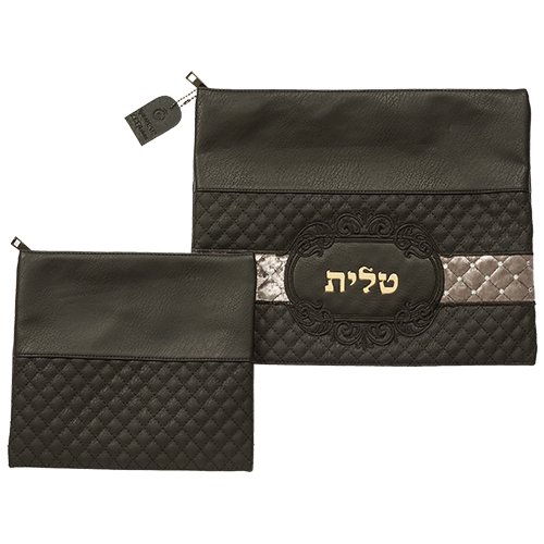Black Faux Leather Tallit & Tefillin Bag Set, Diamond Design & Gold Embossed