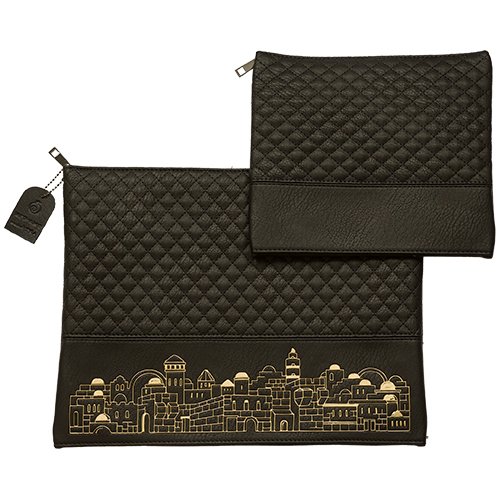 Black Faux Leather Tallit and Tefillin Bag Set - Embossed Gold Jerusalem Images