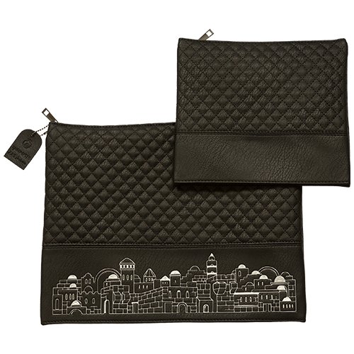 Black Faux Leather Tallit and Tefillin Bag Set - Embossed Silver Jerusalem Images