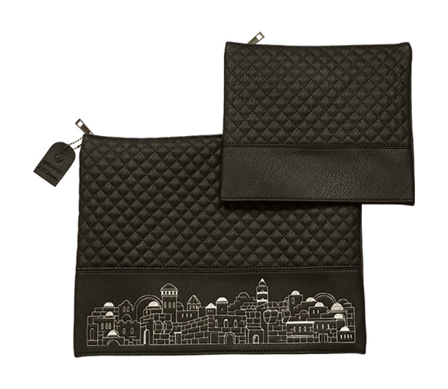 Black Faux Leather Tallit and Tefillin Bag Set - Embossed Silver Jerusalem Images