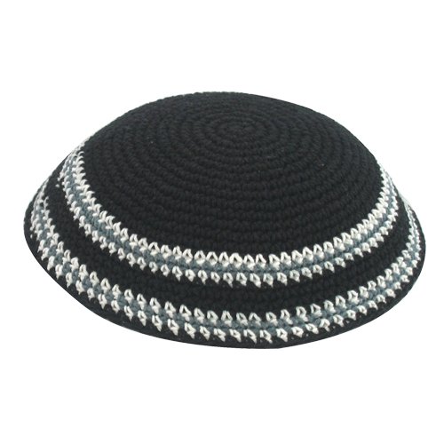 Black Knitted Kippah with Gray and White Border Stripes