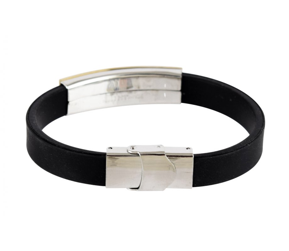 Black Rubber Wristband Bracelet with Gold Metal Plaque - Shema Yisrael