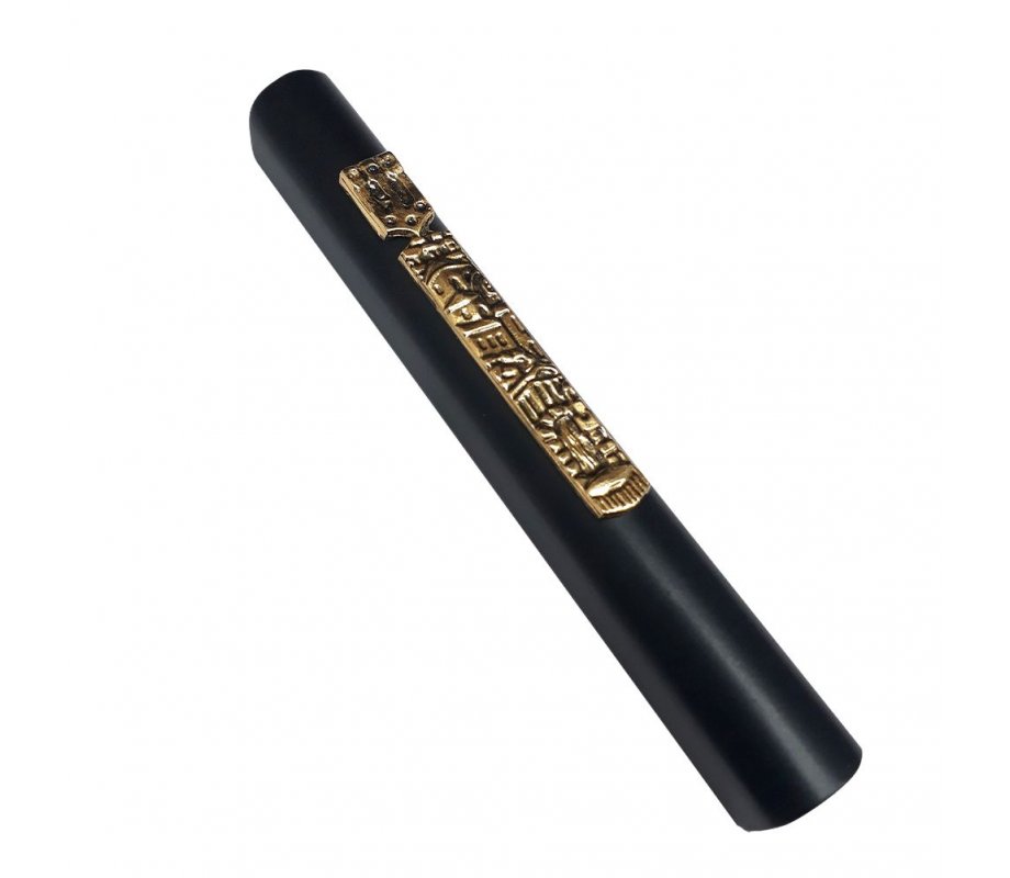 Black Wood Mezuzah Case with Jerusalem Design on Gold Pewter Plaque