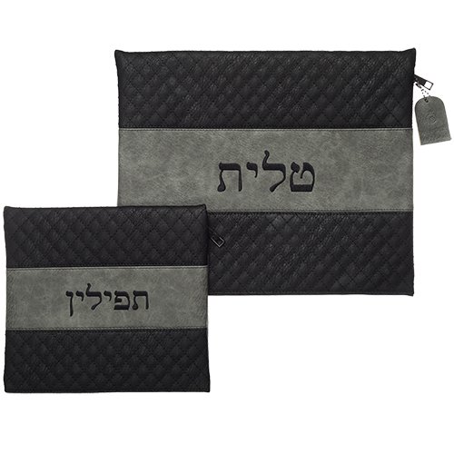 Black and Gray Faux Leather Embroidered Tallit and Tefillin Bag Set