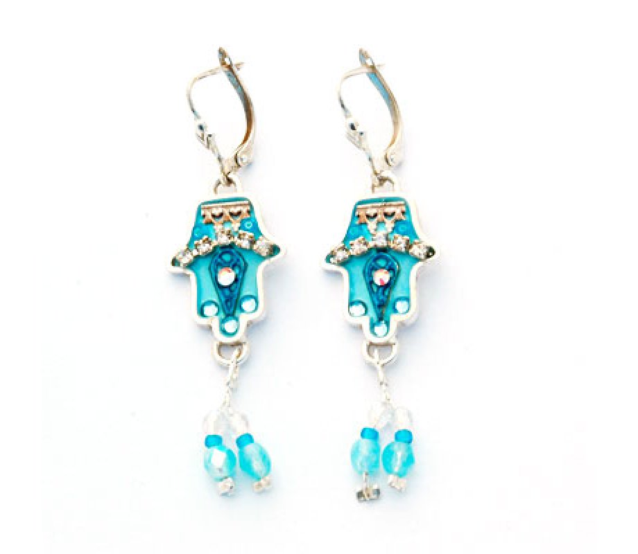 Blue Bead Hamsa Earrings by Ester Shahaf