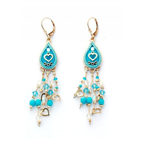 Blue Bead Heart Oriental Earrings by Ester Shahaf