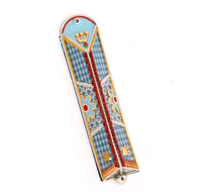 Blue Checker Triangular Mezuzah Case - Ester Shahaf