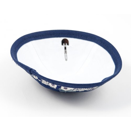 Blue Cloth Kippah with Attached Clip and Embroidered Jerusalem Design