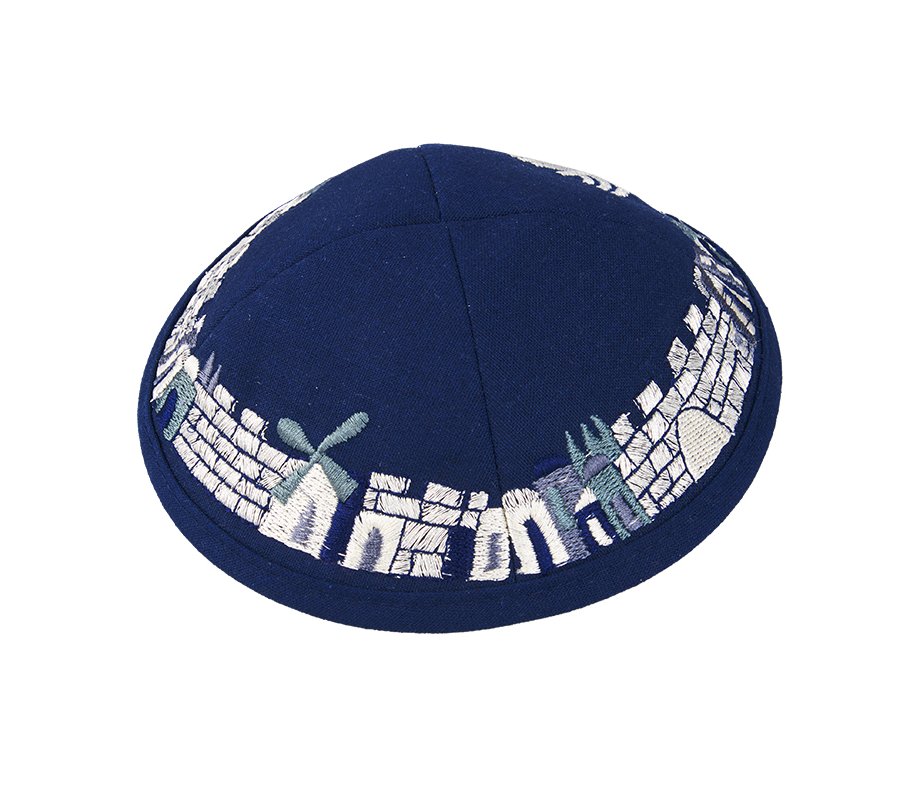 Blue Cloth Kippah with Attached Clip and Embroidered Jerusalem Design