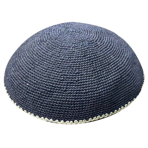 Blue DMC Knitted Kippah with Gray Border Stripe