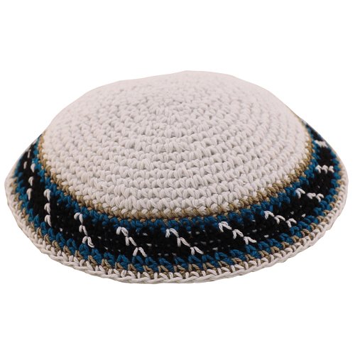 Blue Knitted Kippah with Black, Teal and White Border Design